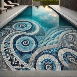 dall·e 2024 08 21 16.33.01 a beautifully designed swimming pool featuring elegant mosaic tiles. the pool's surface showcases a gradient of blue mosaic tiles that transition from