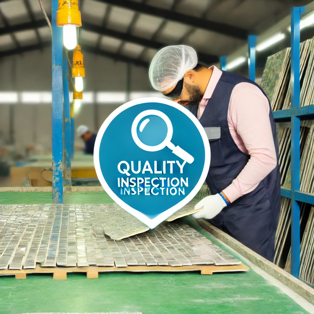 dall·e 2024 08 21 17.33.52 a factory quality inspection process showing the production of mosaic tiles. workers are carefully inspecting the tiles for defects, ensuring they mee