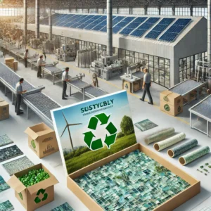 dall·e 2024 08 21 17.40.19 a modern mosaic tile factory emphasizing sustainability. the image shows solar panels on the factory roof, environmentally friendly packaging, and wor