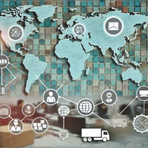 dall·e 2024 08 21 17.46.17 an image depicting a complex international supply chain for mosaic tiles. the image shows a global map with key points marked in different countries,