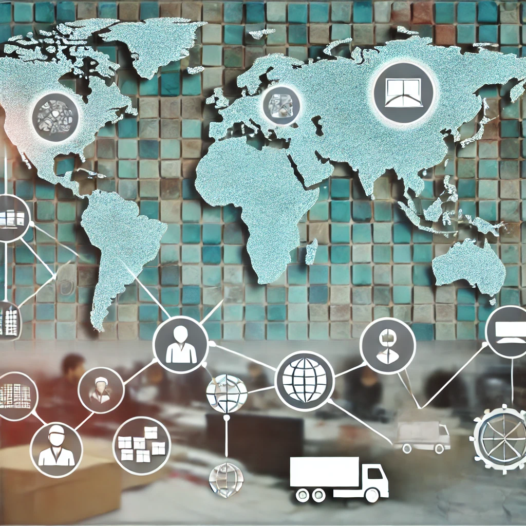 dall·e 2024 08 21 17.46.17 an image depicting a complex international supply chain for mosaic tiles. the image shows a global map with key points marked in different countries,