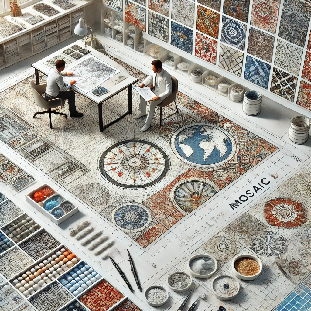 dall·e 2024 08 22 14.37.23 a detailed image of a modern mosaic design studio at walt mosaic, featuring a diverse range of colorful mosaic tiles and a designer working on a custo