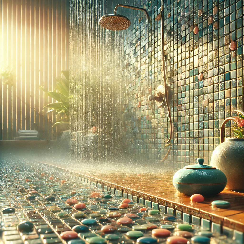 dall·e 2024 08 22 14.56.21 an image showing mosaic tiles in a humid environment, such as a bathroom or pool setting. the image should feature mosaic tiles on the walls or floors