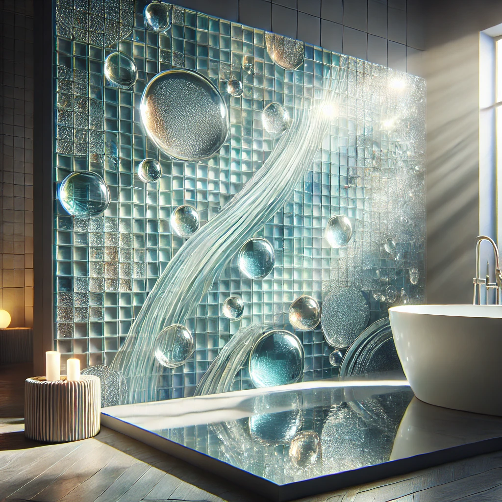 dall·e 2024 08 22 15.01.32 an image showcasing glass mosaic tiles in a modern, elegant setting. the tiles should be displayed on a bathroom or pool wall, with light reflecting o