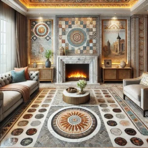 dall·e 2024 08 23 13.33.53 a beautifully decorated living room featuring mosaic tiles used in various applications. the focal point is a mosaic tile statement wall with geometri