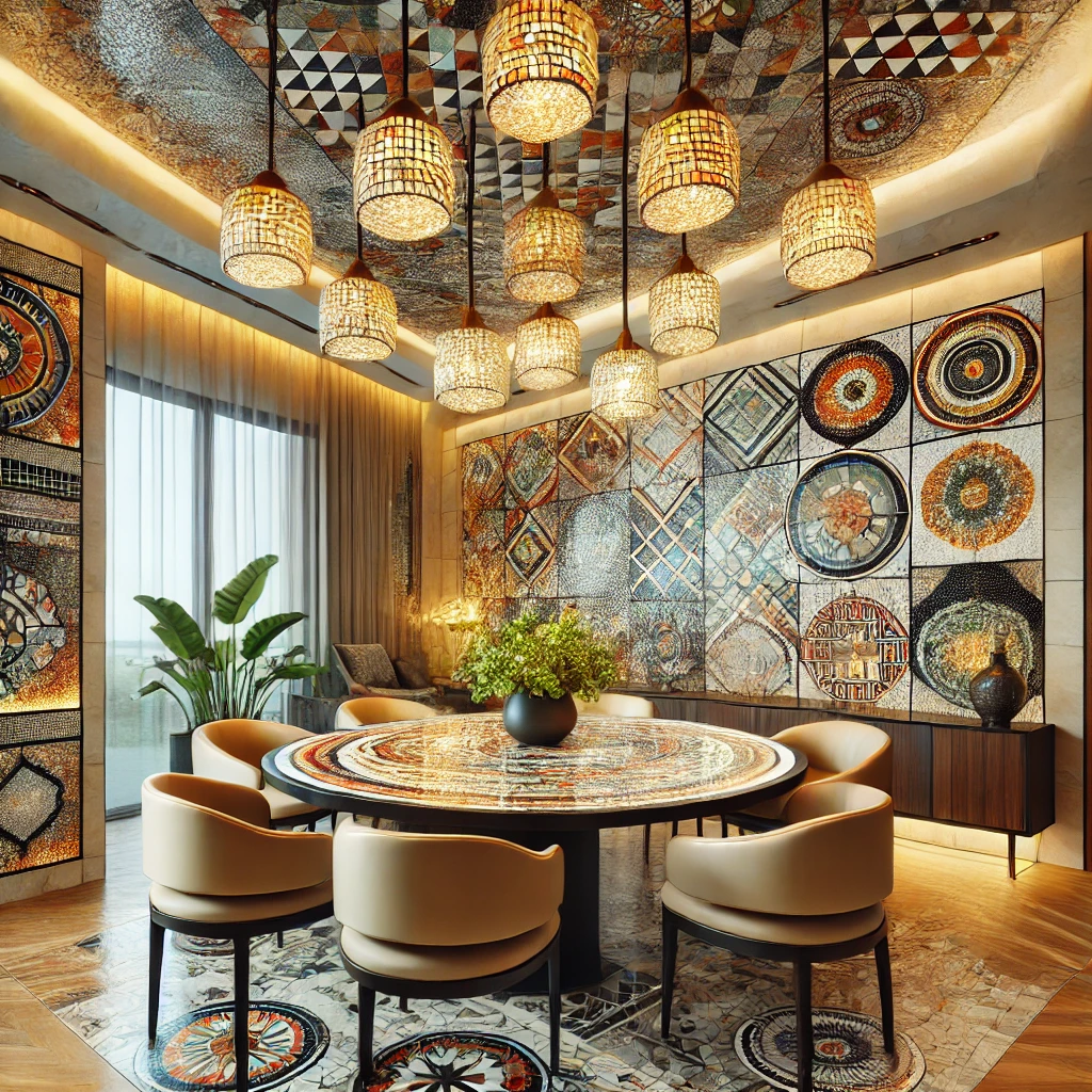 dall·e 2024 08 23 13.37.41 a beautifully decorated dining room featuring mosaic tiles used in various applications. the room includes a mosaic feature wall with bold geometric p