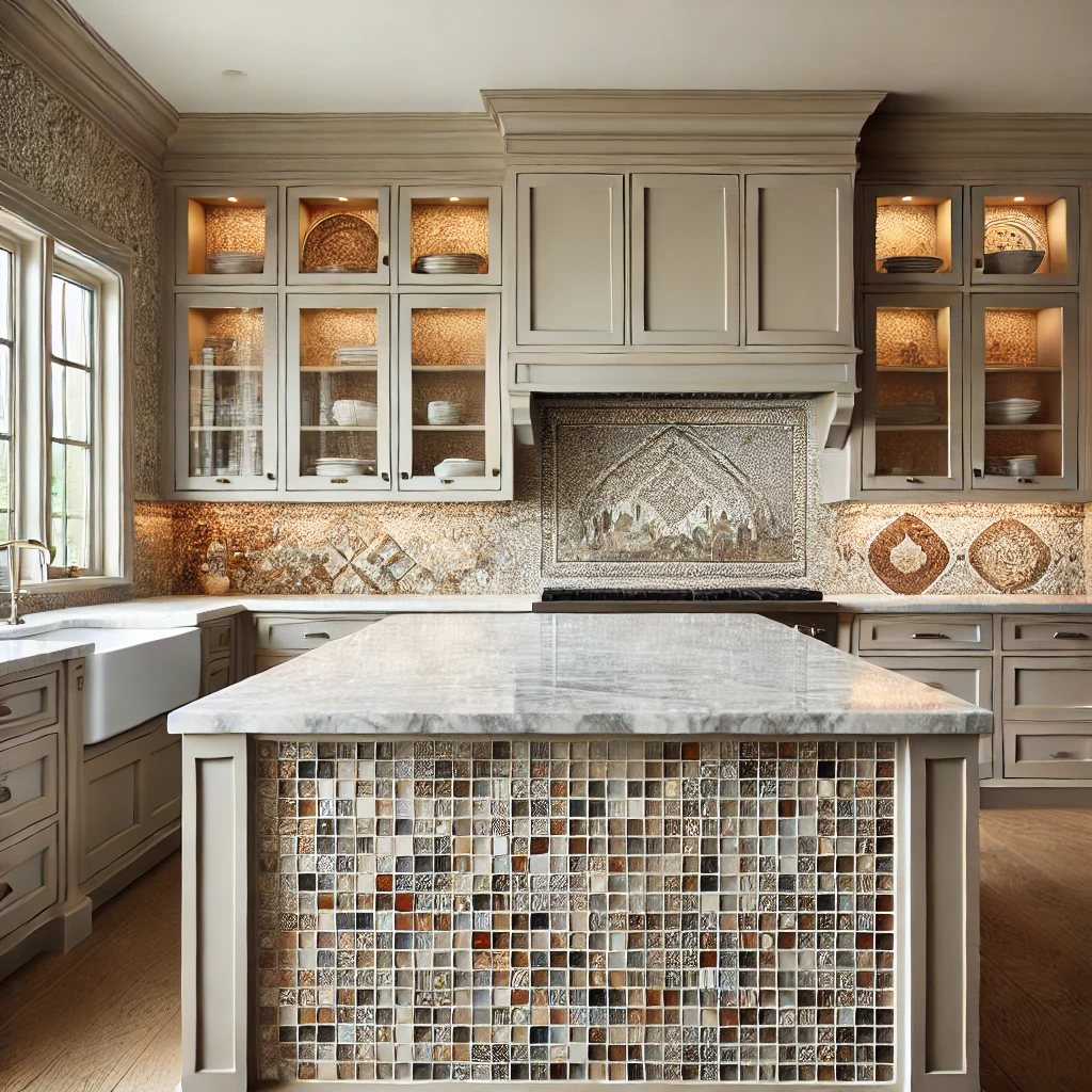 dall·e 2024 08 23 13.42.36 a well designed kitchen with a focus on a mosaic tile backsplash. the backsplash is made up of small, intricately arranged tiles in a combination of g