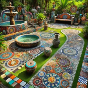 dall·e 2024 08 23 13.46.23 a beautifully decorated garden with mosaic tiles used in various elements. the garden features a vibrant mosaic pathway with intricate patterns, a mos