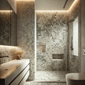 dall·e 2024 08 24 16.56.18 a modern bathroom featuring elegant mosaic tiles. the mosaic tiles are used in the shower area, covering the walls with a blend of light and dark tone