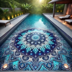 dall·e 2024 08 24 16.59.44 a beautifully designed swimming pool with intricate mosaic tile work. the mosaic tiles cover the pool's walls and floor, featuring a gradient from dee