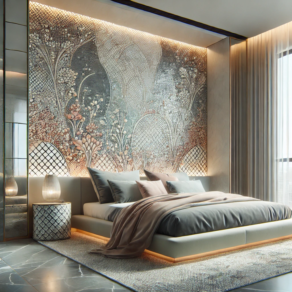 dall·e 2024 08 24 17.05.20 a modern bedroom featuring an elegant use of mosaic tiles. the headboard wall is adorned with intricate mosaic tiles in a blend of soft pastel colors,