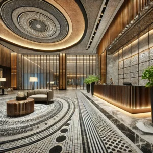 dall·e 2024 08 24 17.11.39 a commercial space with a modern design featuring the use of mosaic tiles. the image shows a luxurious hotel lobby with a large mosaic tile floor, cre