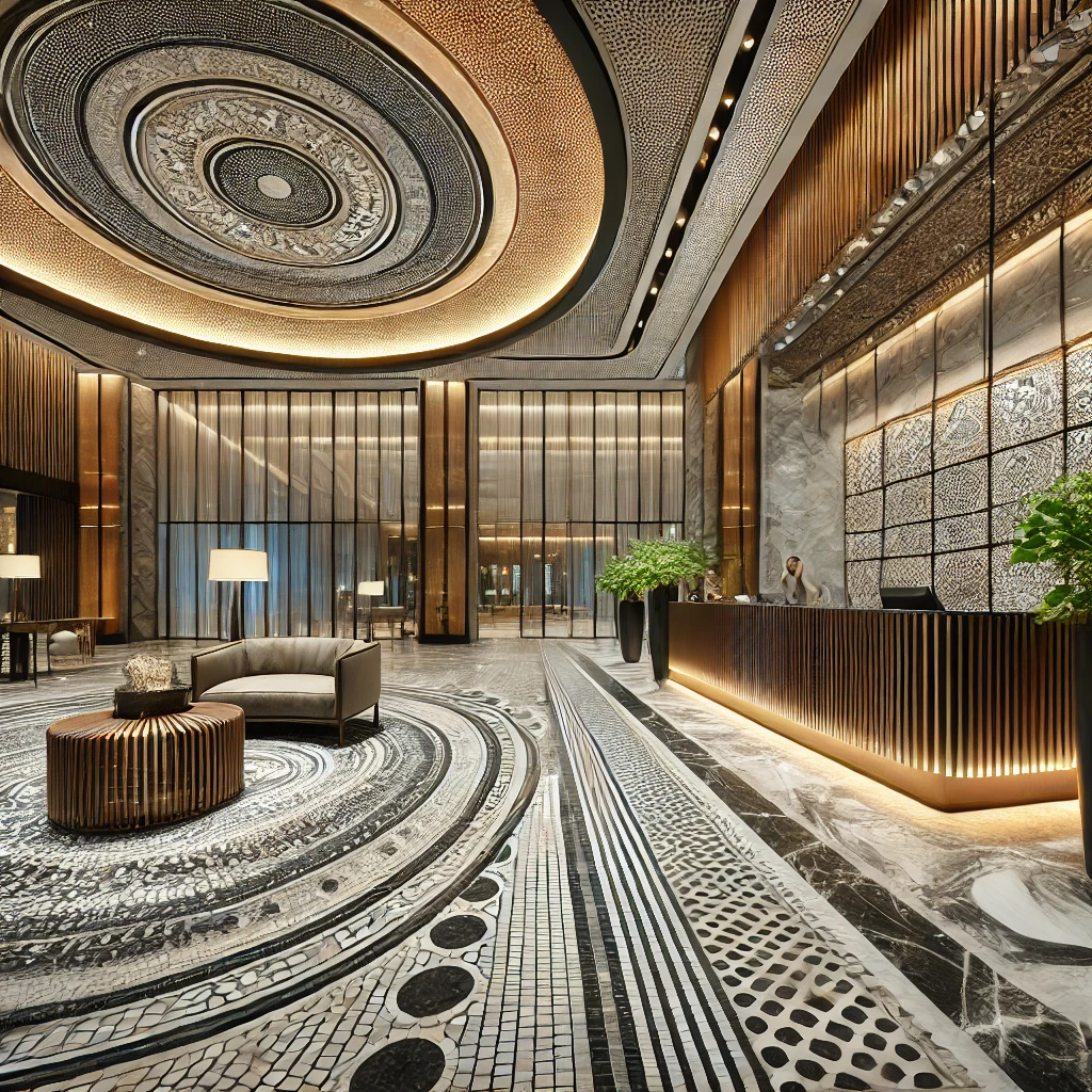 dall·e 2024 08 24 17.11.39 a commercial space with a modern design featuring the use of mosaic tiles. the image shows a luxurious hotel lobby with a large mosaic tile floor, cre