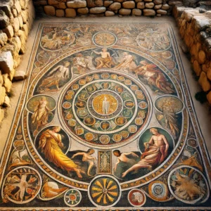 dall·e 2024 09 06 16.31.56 a stunning ancient roman mosaic depicting intricate designs of gods, mythological scenes, and geometric patterns. the mosaic features vivid colors, in