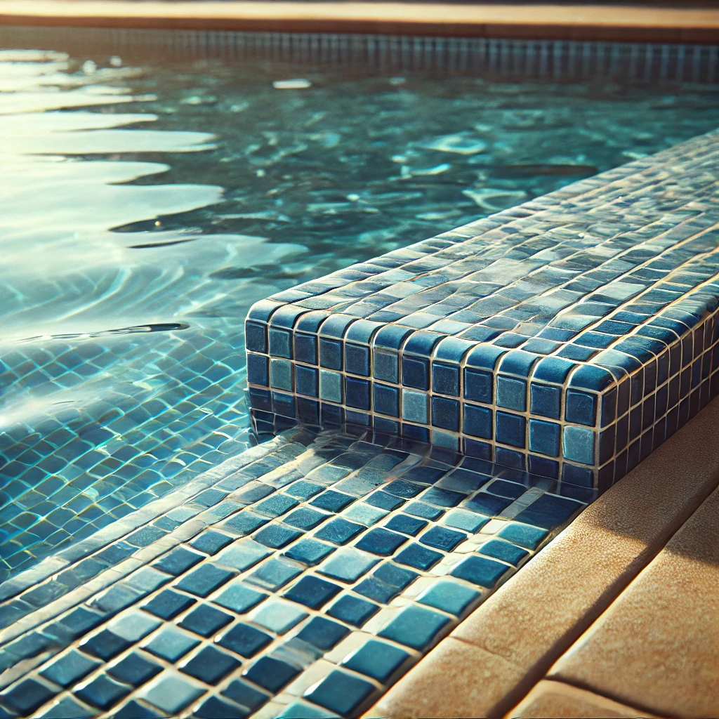 dall·e 2024 09 18 16.27.19 a close up of a swimming pool edge with traditional blue ceramic mosaic tiles. the tiles are evenly arranged in a grid pattern, creating a classic and