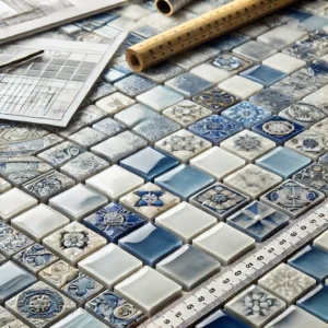 dall·e 2024 09 18 16.38.08 a close up of traditional custom made mosaic tiles in standard square shapes, including glass and ceramic materials. the tiles are arranged in a grid,